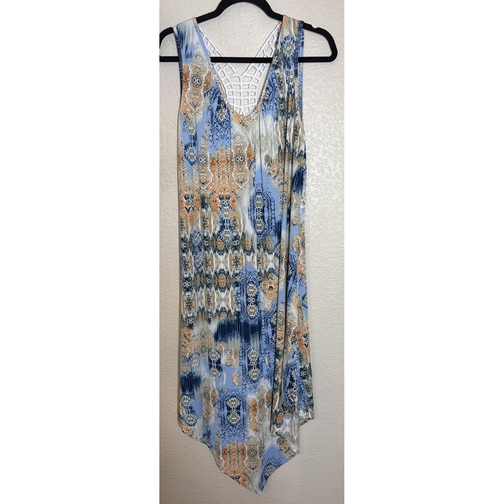One World Womens Large Colorful‎ Sleeveless Floral Midi Dress Crochet Back Boho